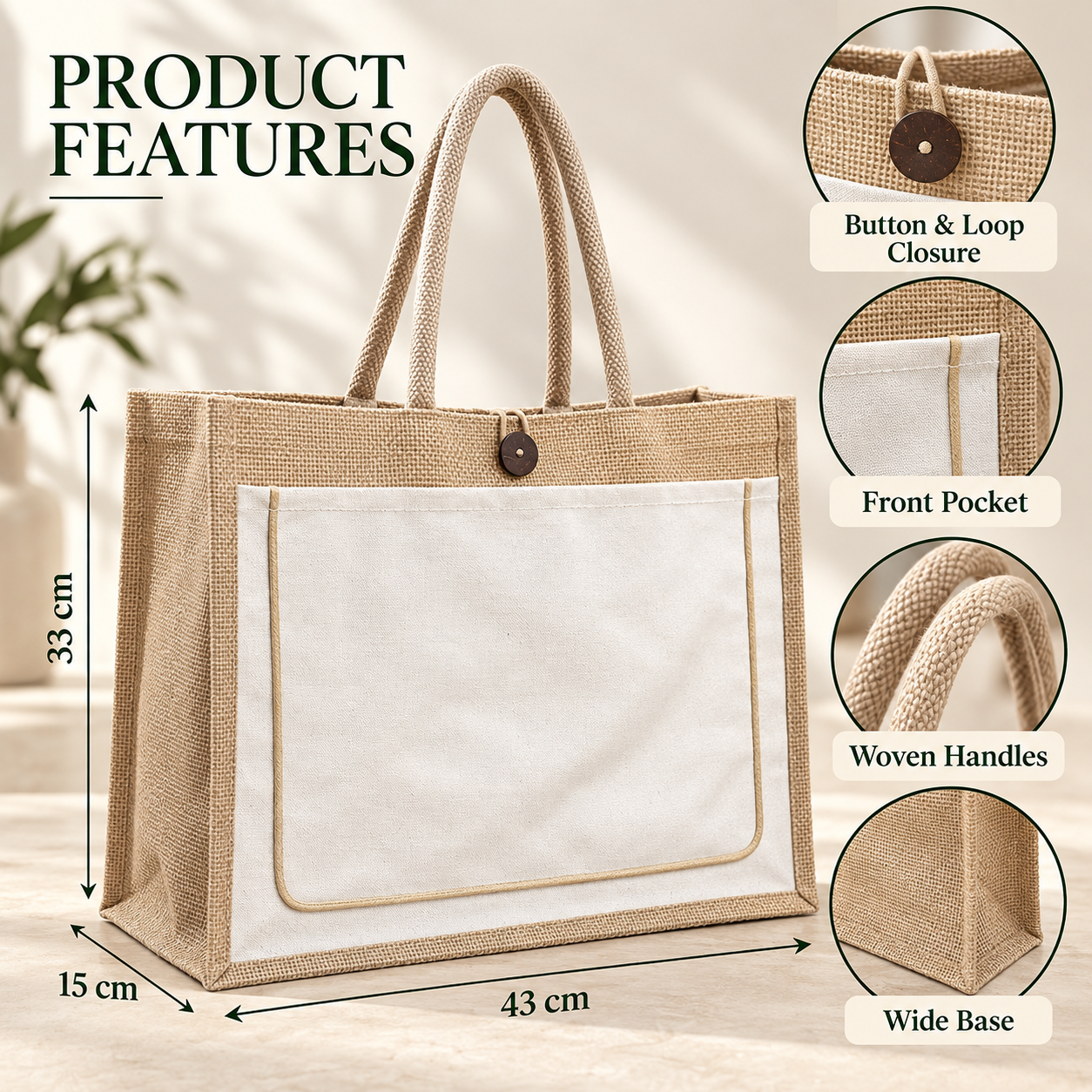 Plain 17x13x6 Ivory & Natural Jute Tote Bag with Piped Canvas Front Pocket
