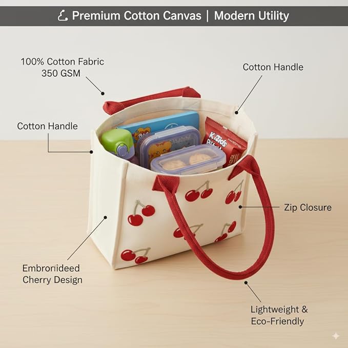 Cherry Embroidery Kids Tote Bag