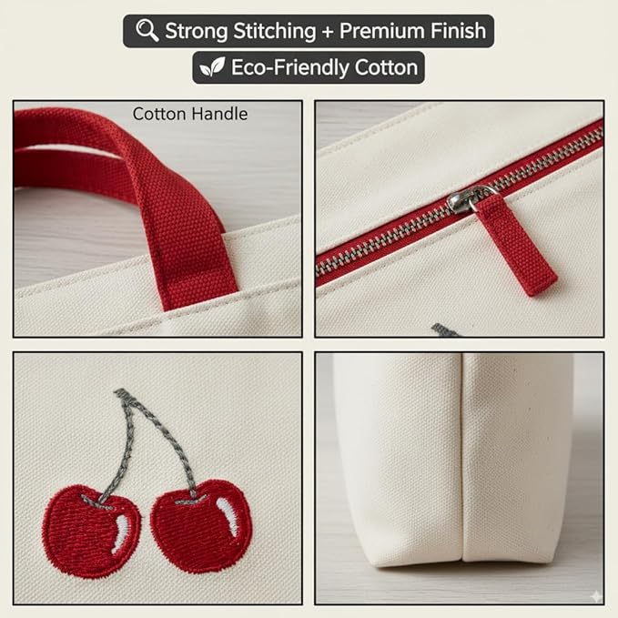 Cherry Embroidery Kids Tote Bag