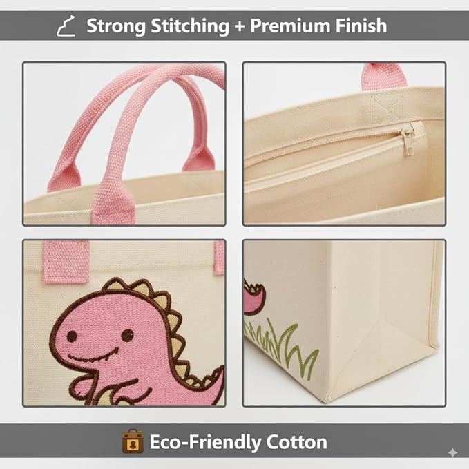 Dinosaur Embroidery Kids Tote Bag