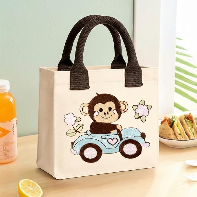 Monkey Embroidery Kids Tote Bag