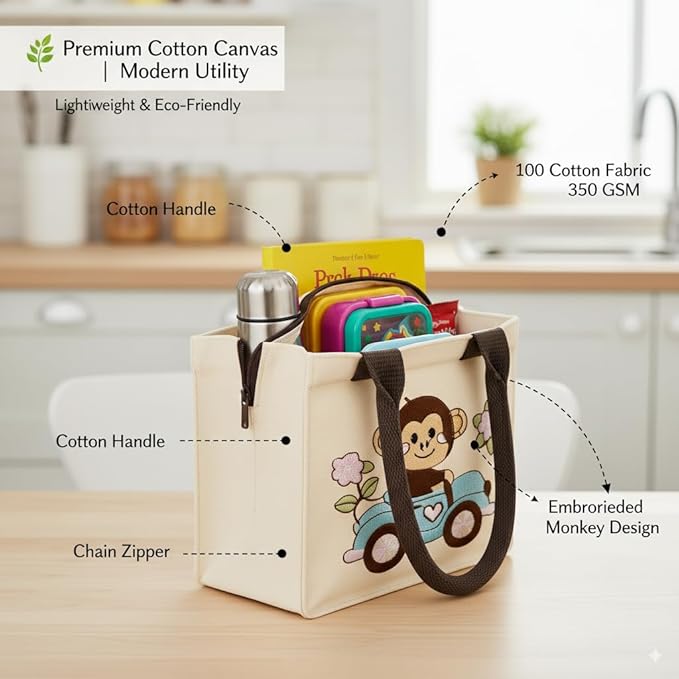 Monkey Embroidery Kids Tote Bag