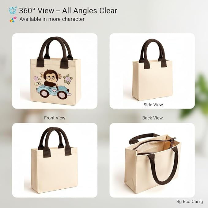 Monkey Embroidery Kids Tote Bag