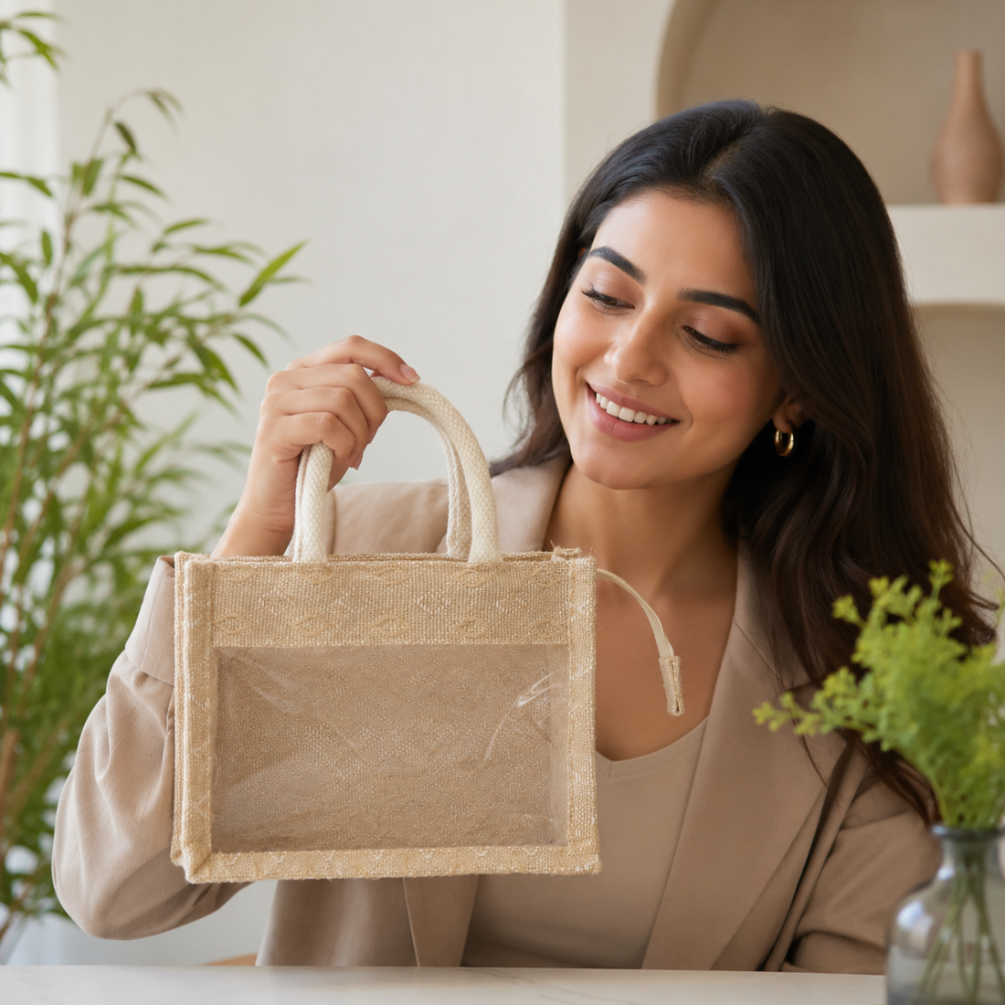 Mini Double Diamond Jute Bag with Window