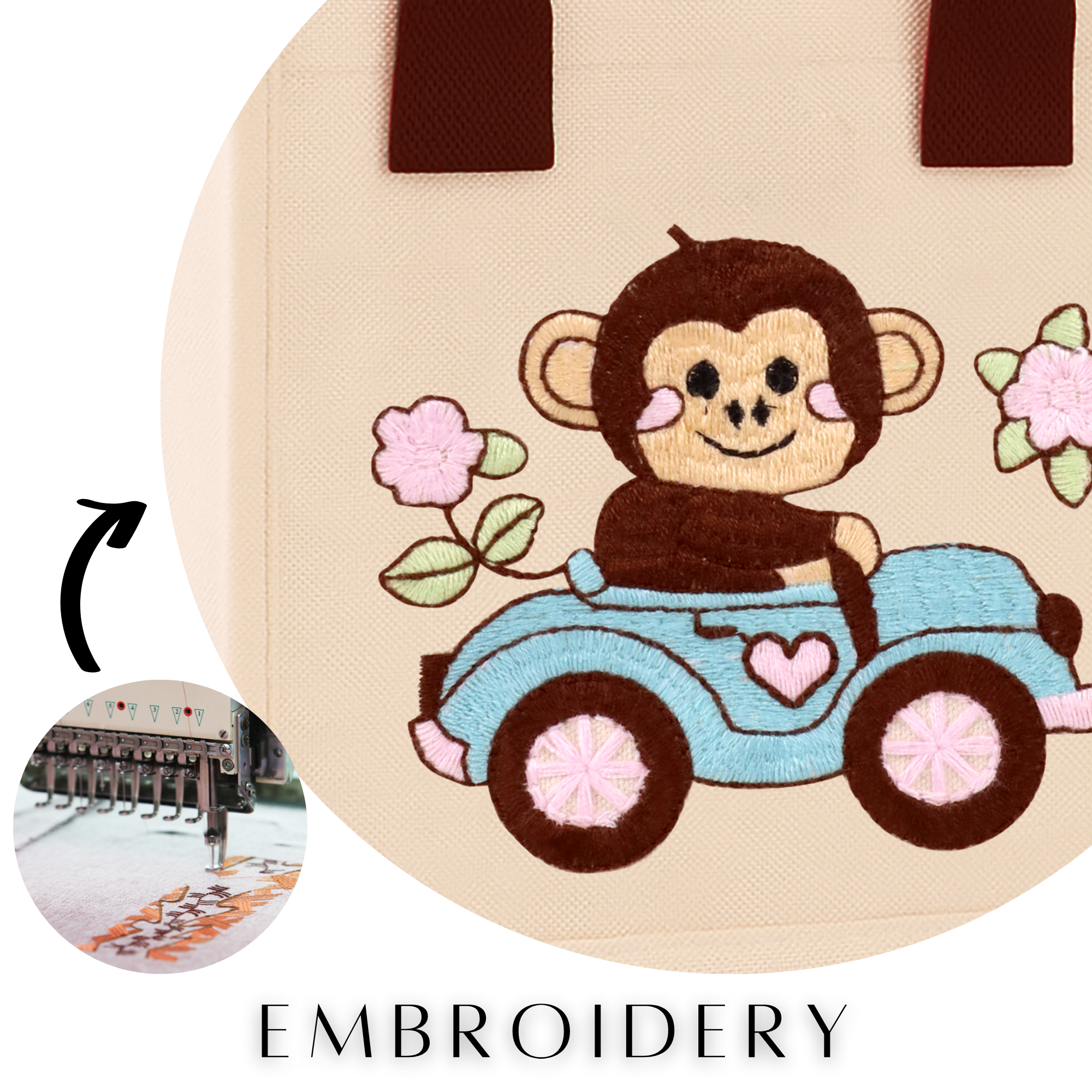 Monkey Embroidery Kids Tote Bag