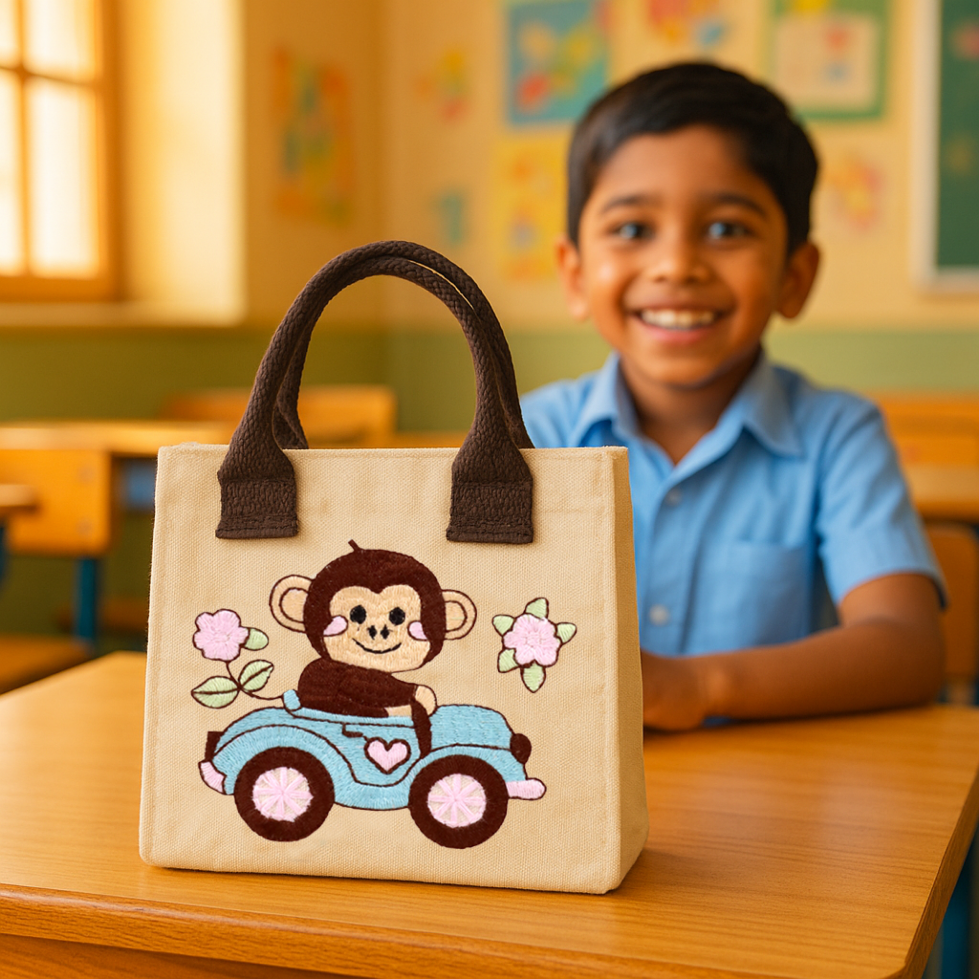 Monkey Embroidery Kids Tote Bag