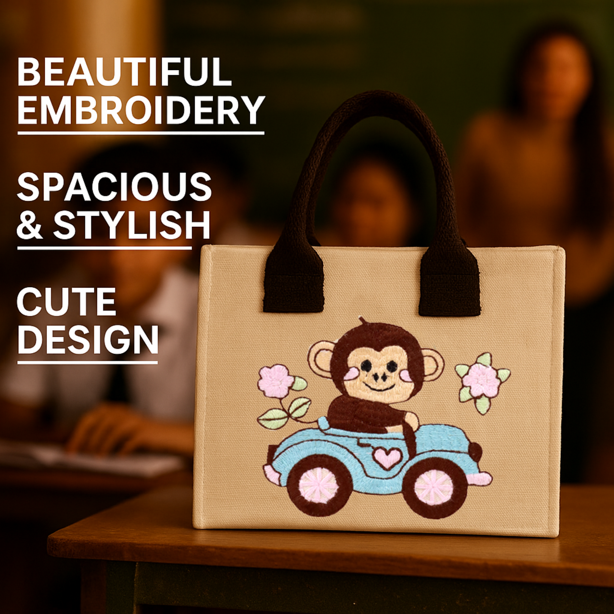 Monkey Embroidery Kids Tote Bag