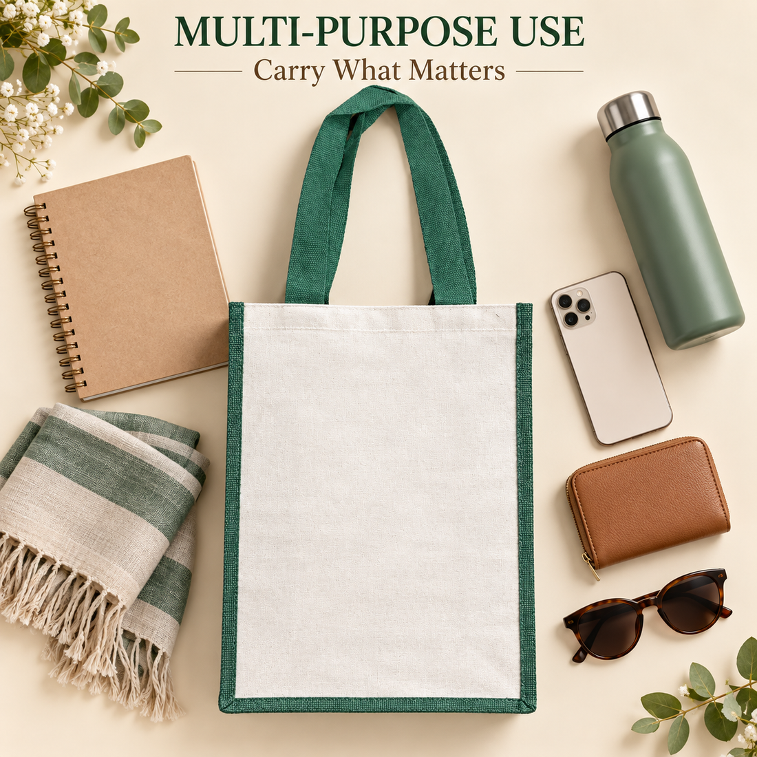 Plain 12x15.5x5.5 Green Laminated Jute & Canvas Tote Bag