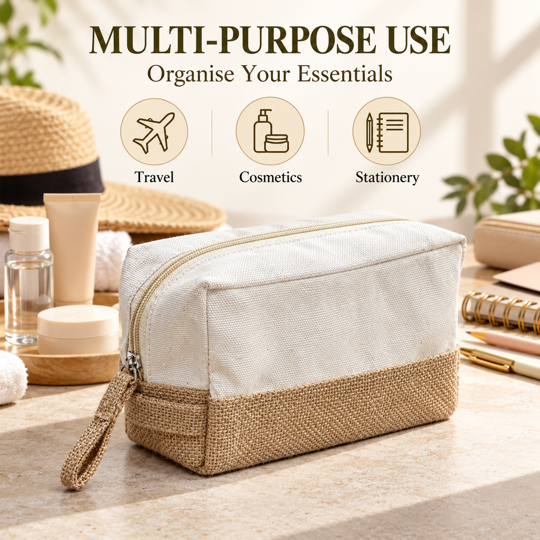 Plain 8x5x3 Natural Cotton Canvas Zipper Pouch | 220 GSM