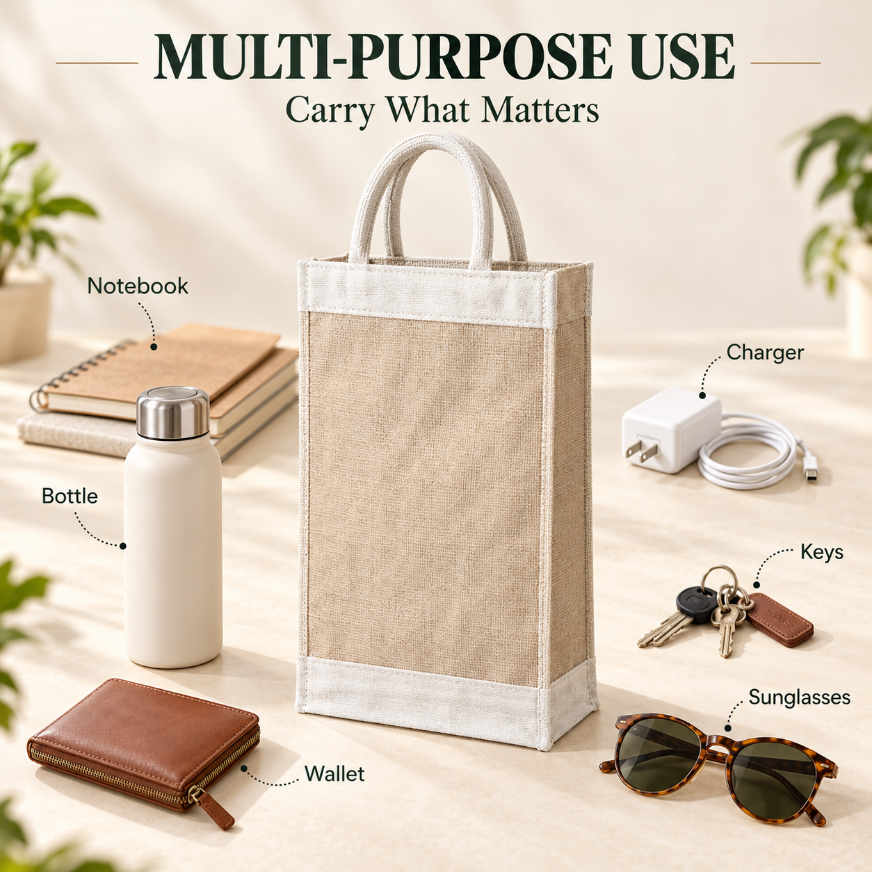 Plain 13x15.5x4.5 Natural Tall Juco & Canvas Tote Bag with Rope Handles