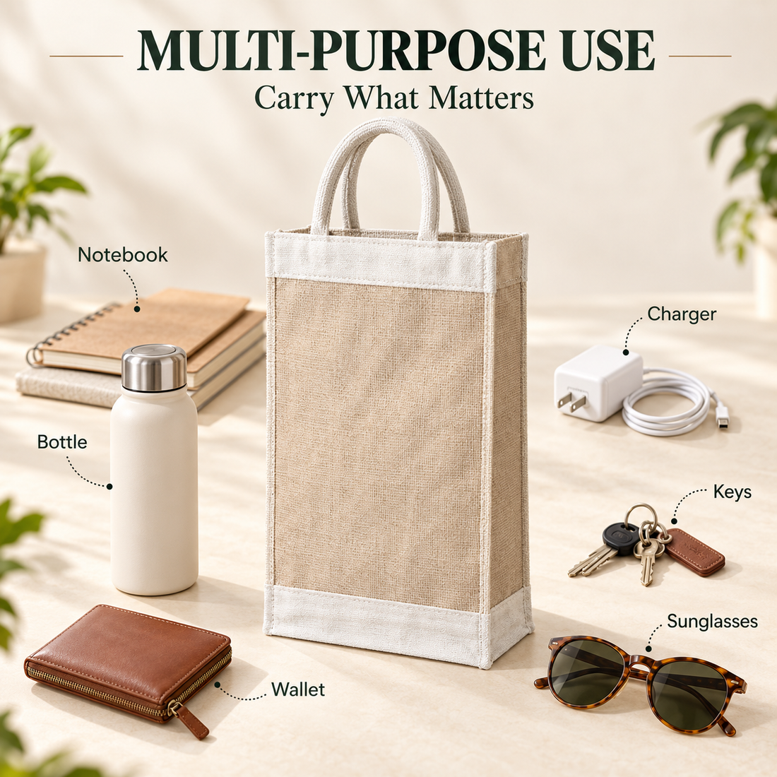 Plain 13x15.5x4.5 Natural Tall Juco & Canvas Tote Bag with Rope Handles