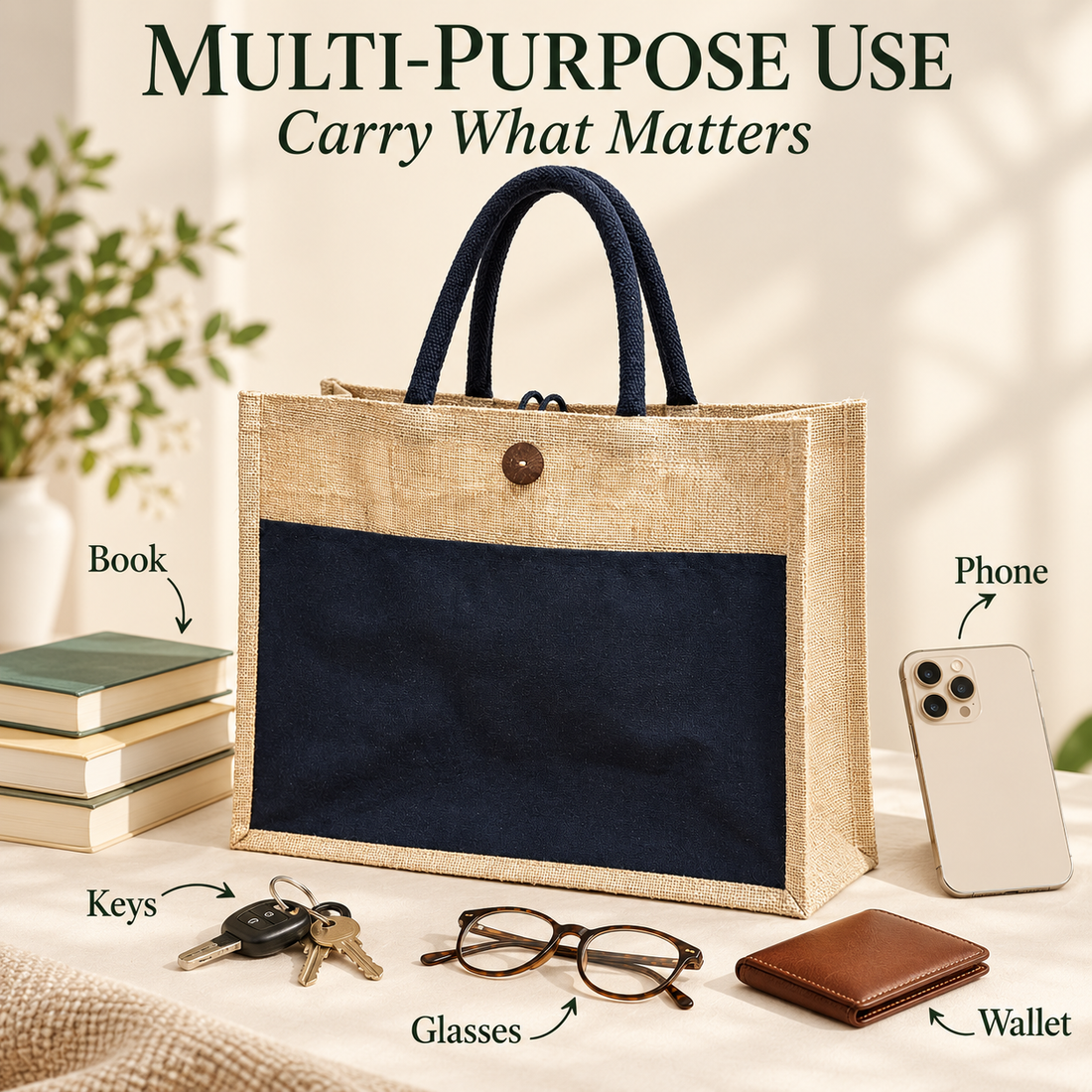 Plain 16x13x6 Black & Natural Laminated Jute Hamper Bag with Canvas Front Pocket