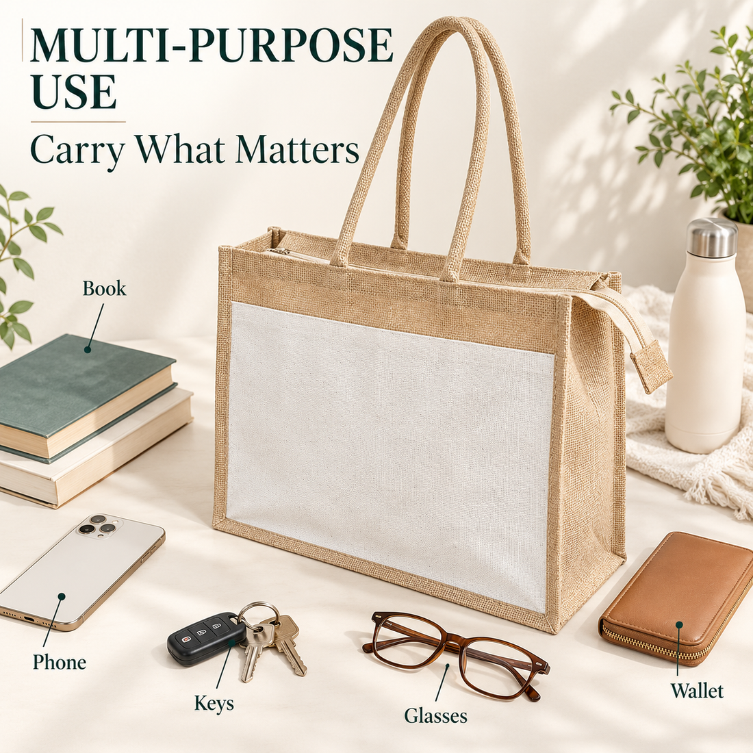 Plain 17x13x6 Natural Jute & Canvas Zipper Shopping Bag with Canvas Front Pocket