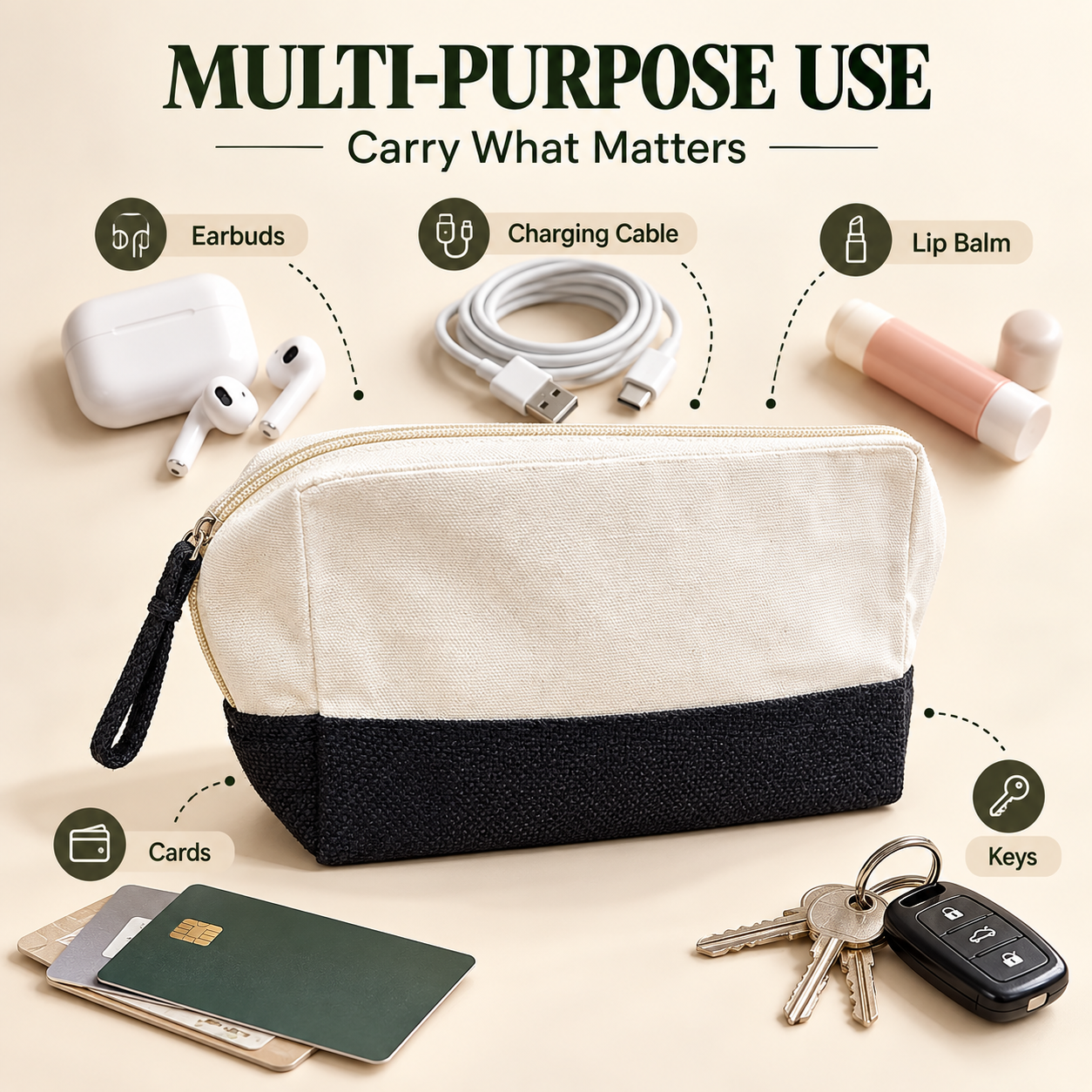 Plain 8x5x3 Black & Natural Cotton Canvas Zipper Pouch | 220 GSM
