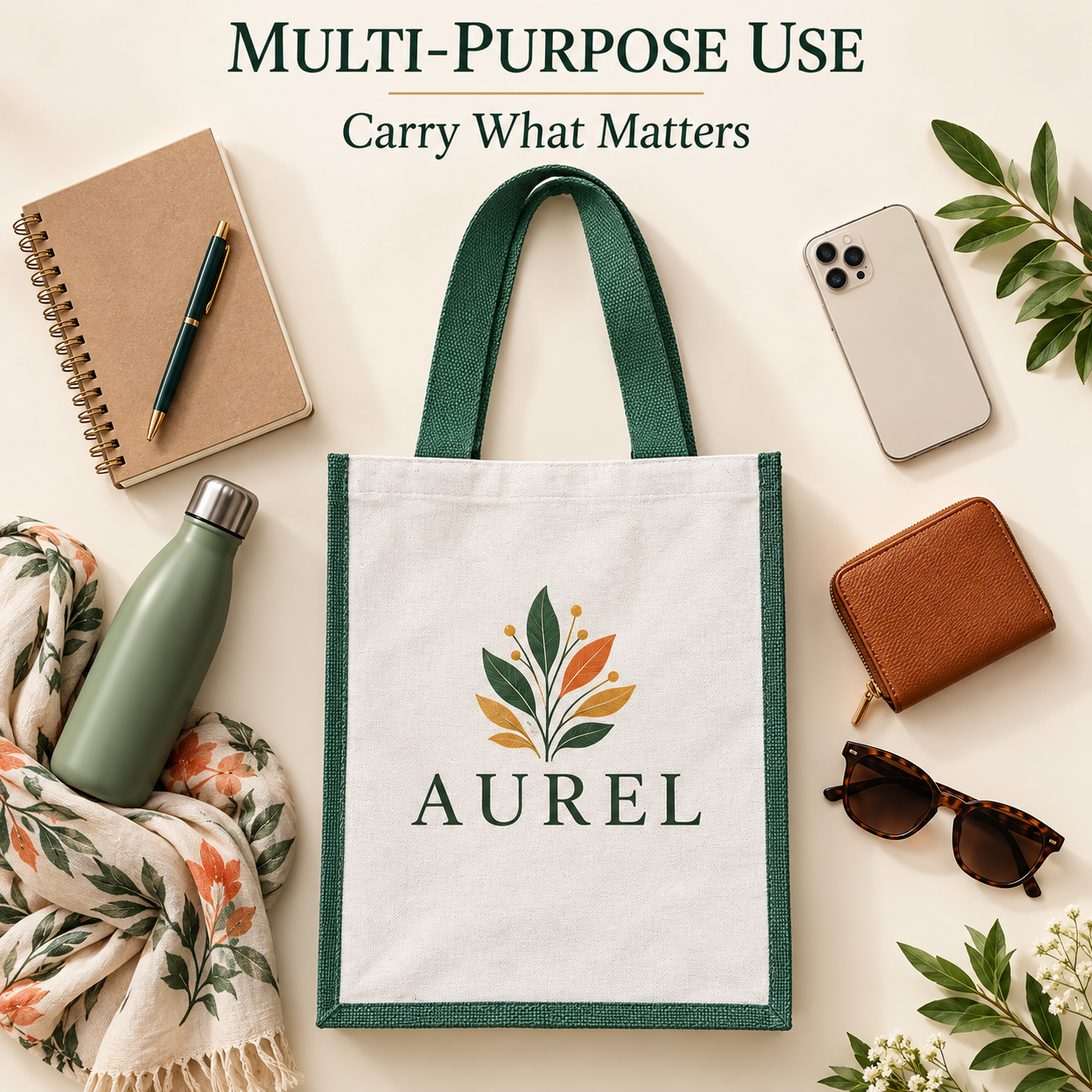 12x15.5x5.5 Green Laminated Jute & Canvas Tote Bag
