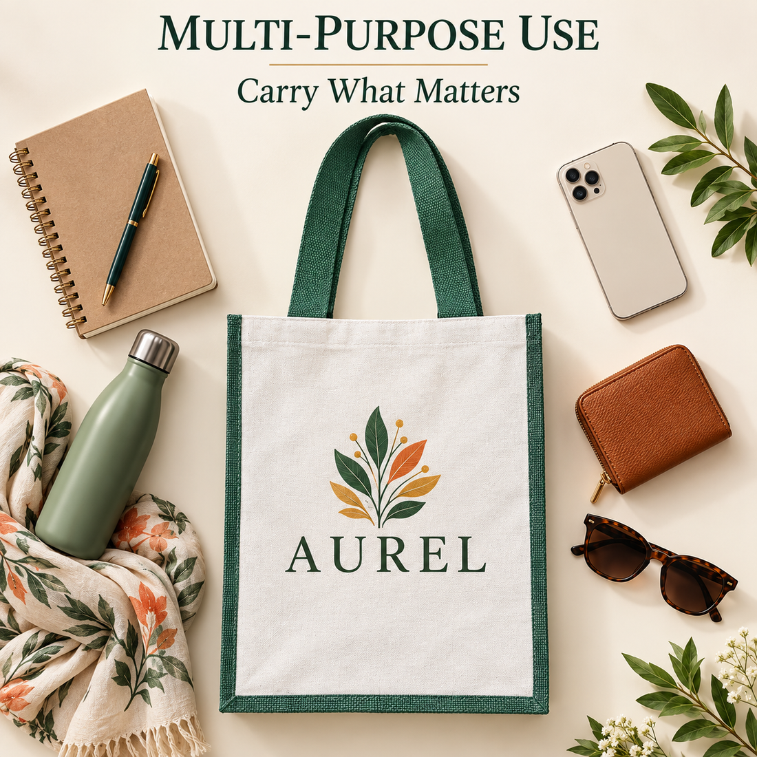 12x15.5x5.5 Green Laminated Jute & Canvas Tote Bag