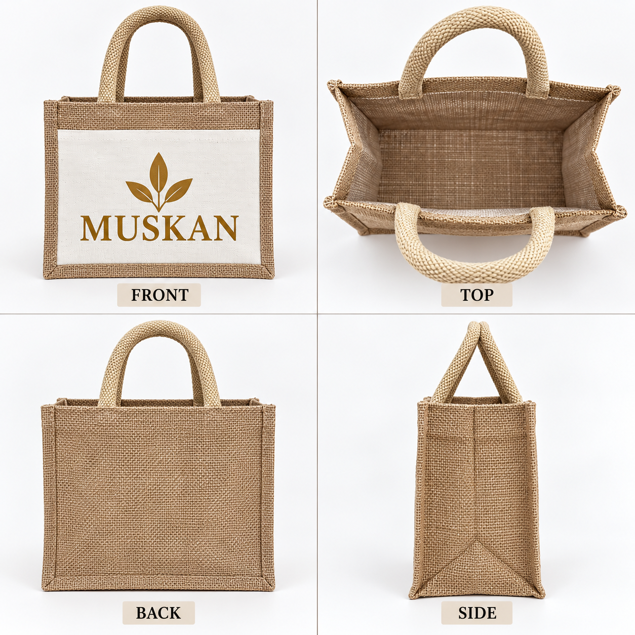 10x8.5x5.5 Natural Small Jute & Canvas Hamper Bag with Canvas Front Pocket