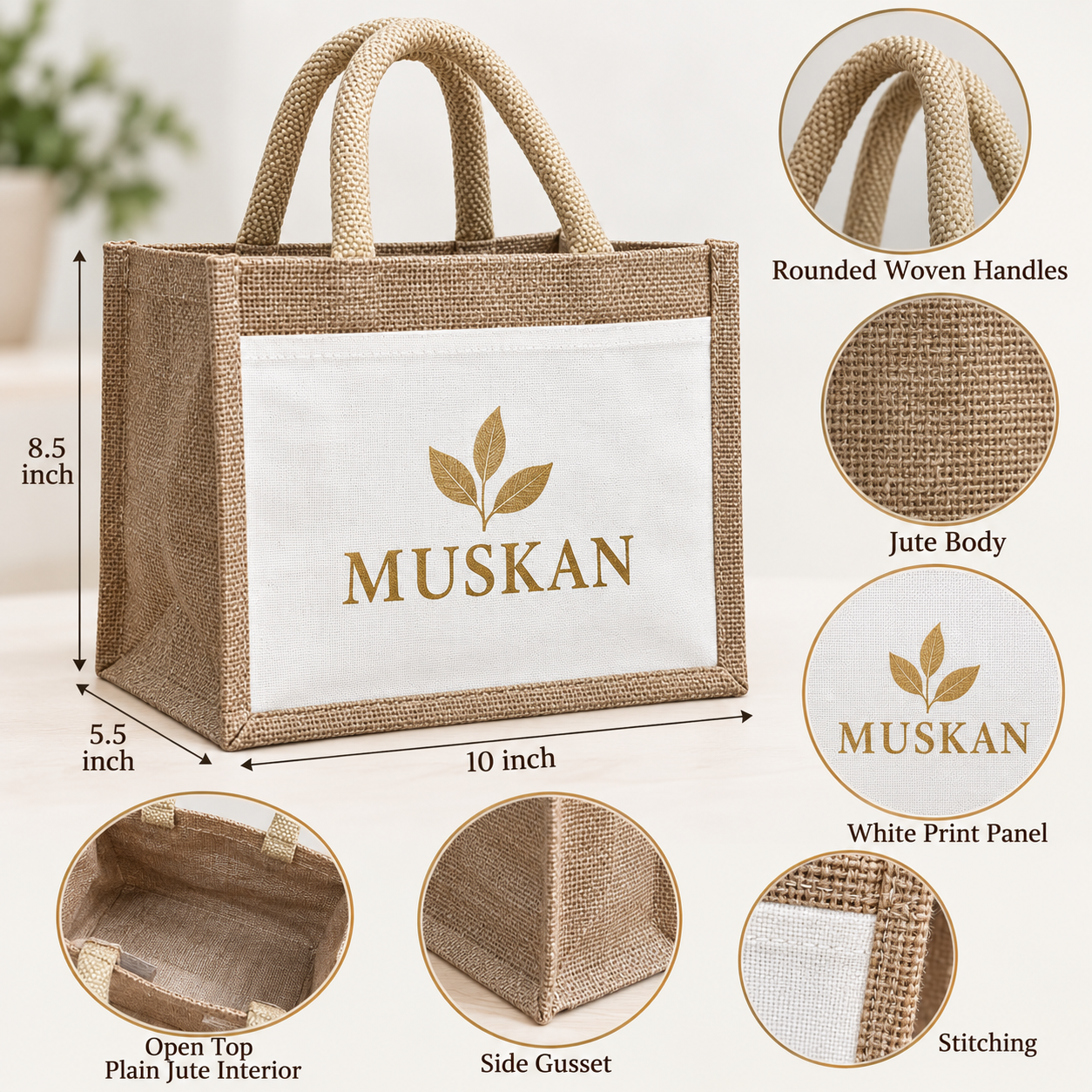 10x8.5x5.5 Natural Small Jute & Canvas Hamper Bag with Canvas Front Pocket