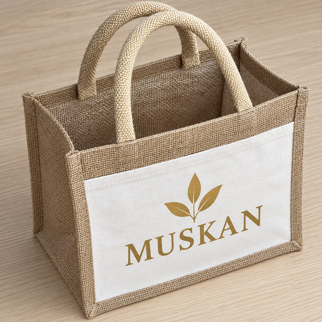 10x8.5x5.5 Natural Small Jute & Canvas Hamper Bag with Canvas Front Pocket