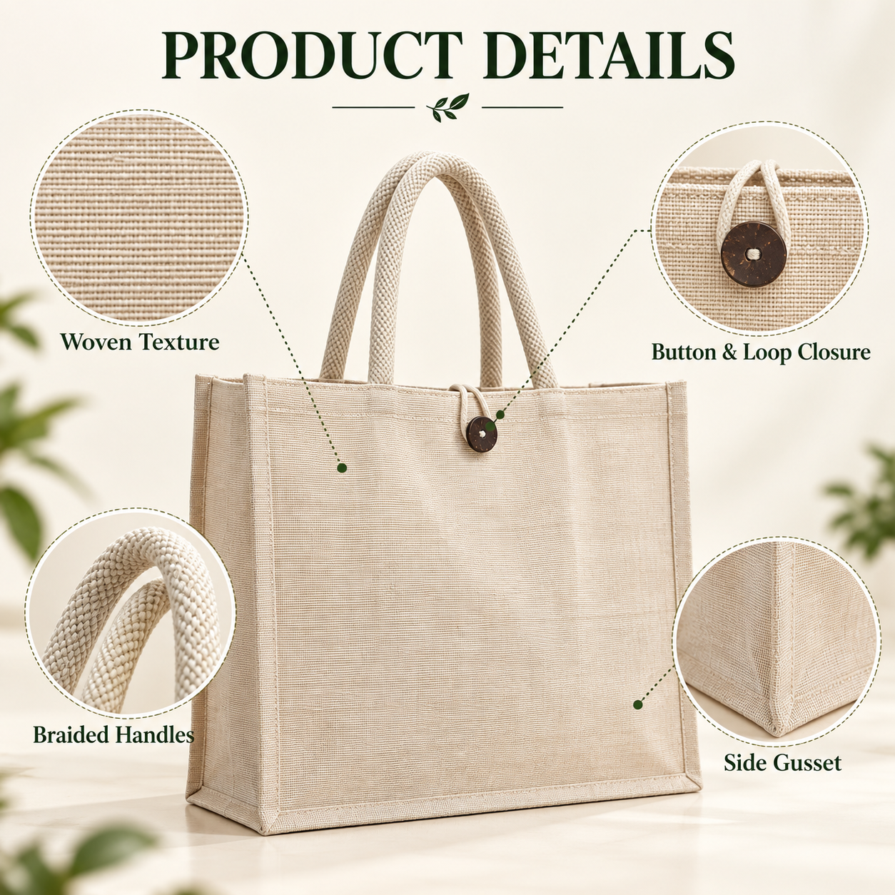 Plain 16x13x6 Natural Laminated Juco Shopping Bag with Button Closure