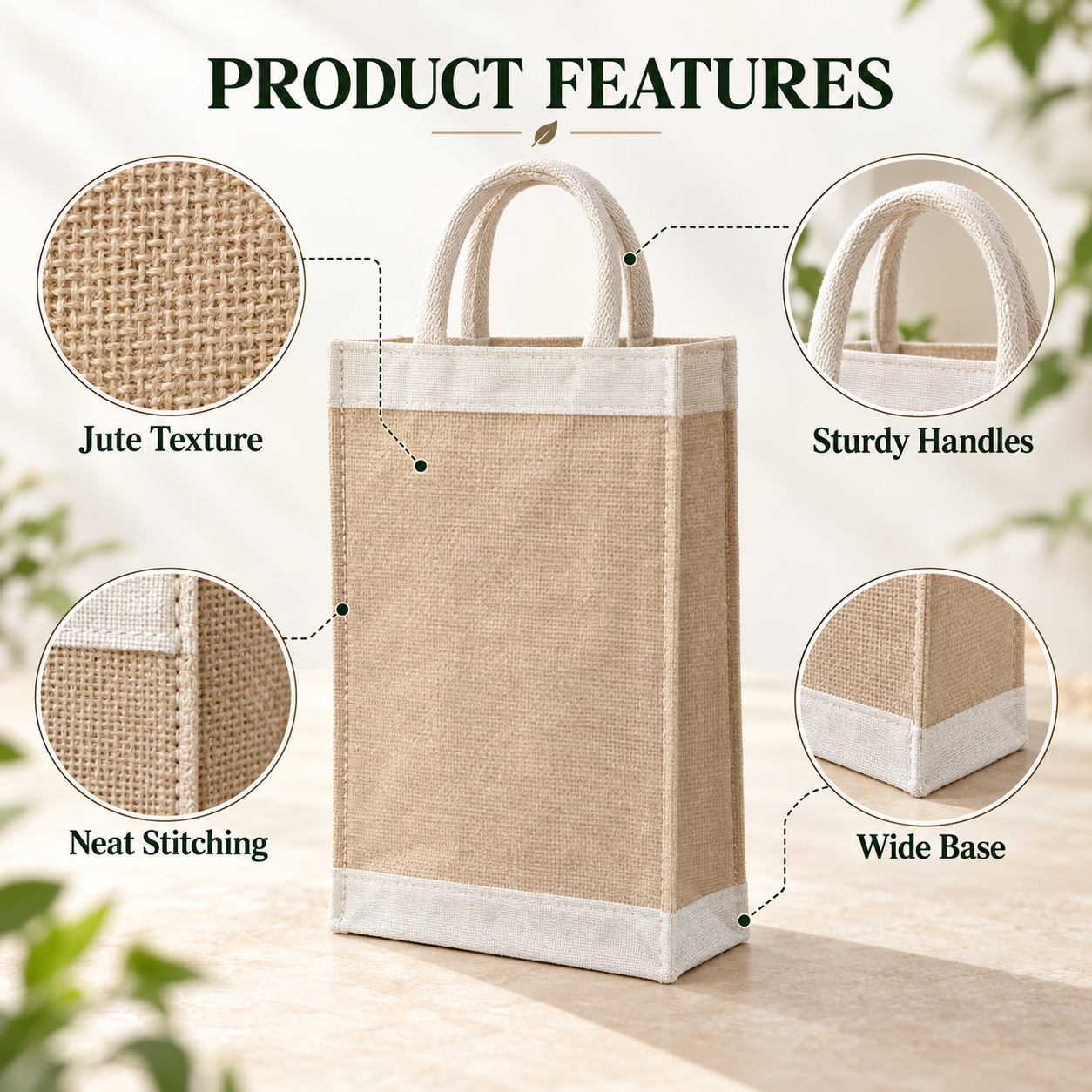 Plain 13x15.5x4.5 Natural Tall Juco & Canvas Tote Bag with Rope Handles