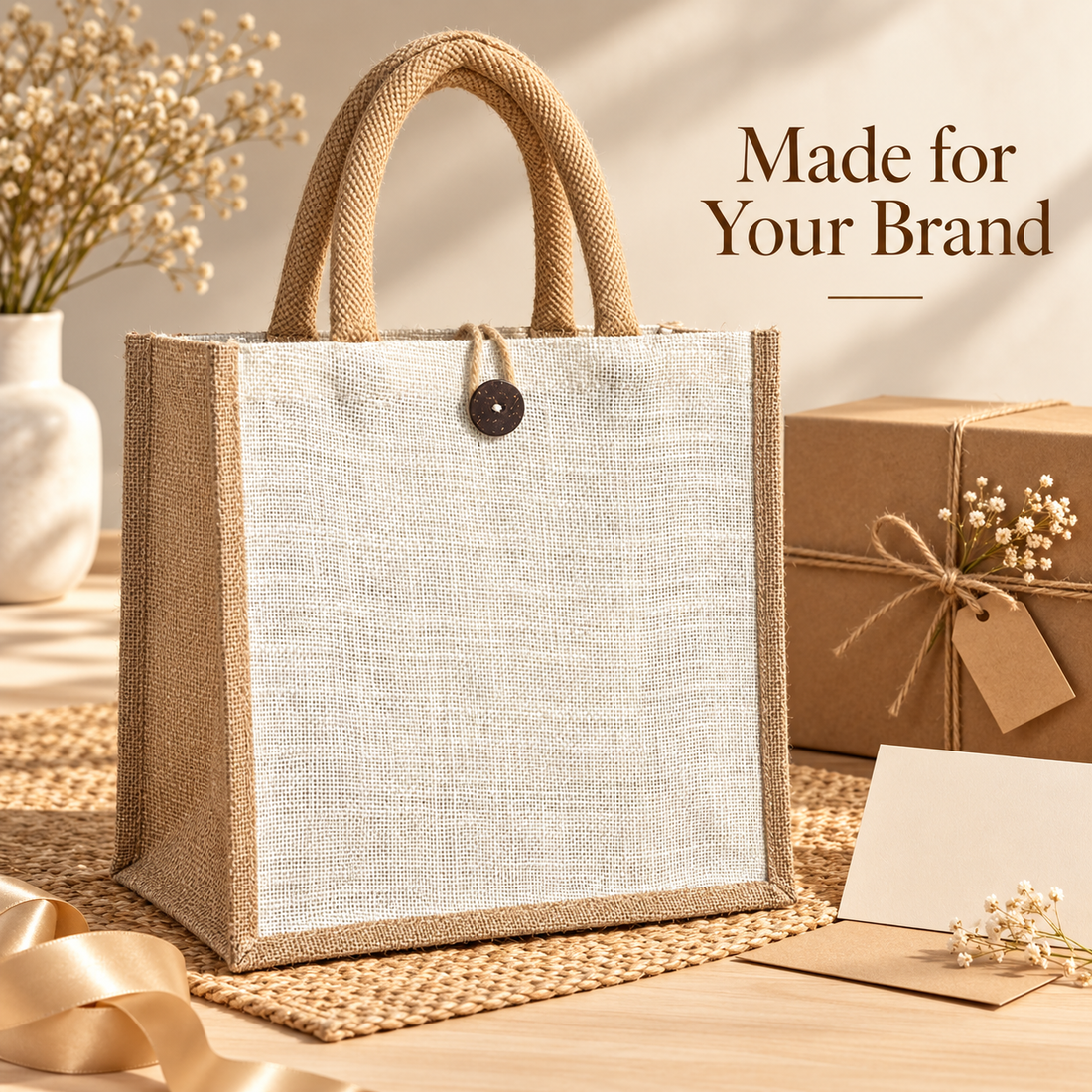 Plain 12x12x6 Natural Laminated Jute Gift Bag with Button Closure