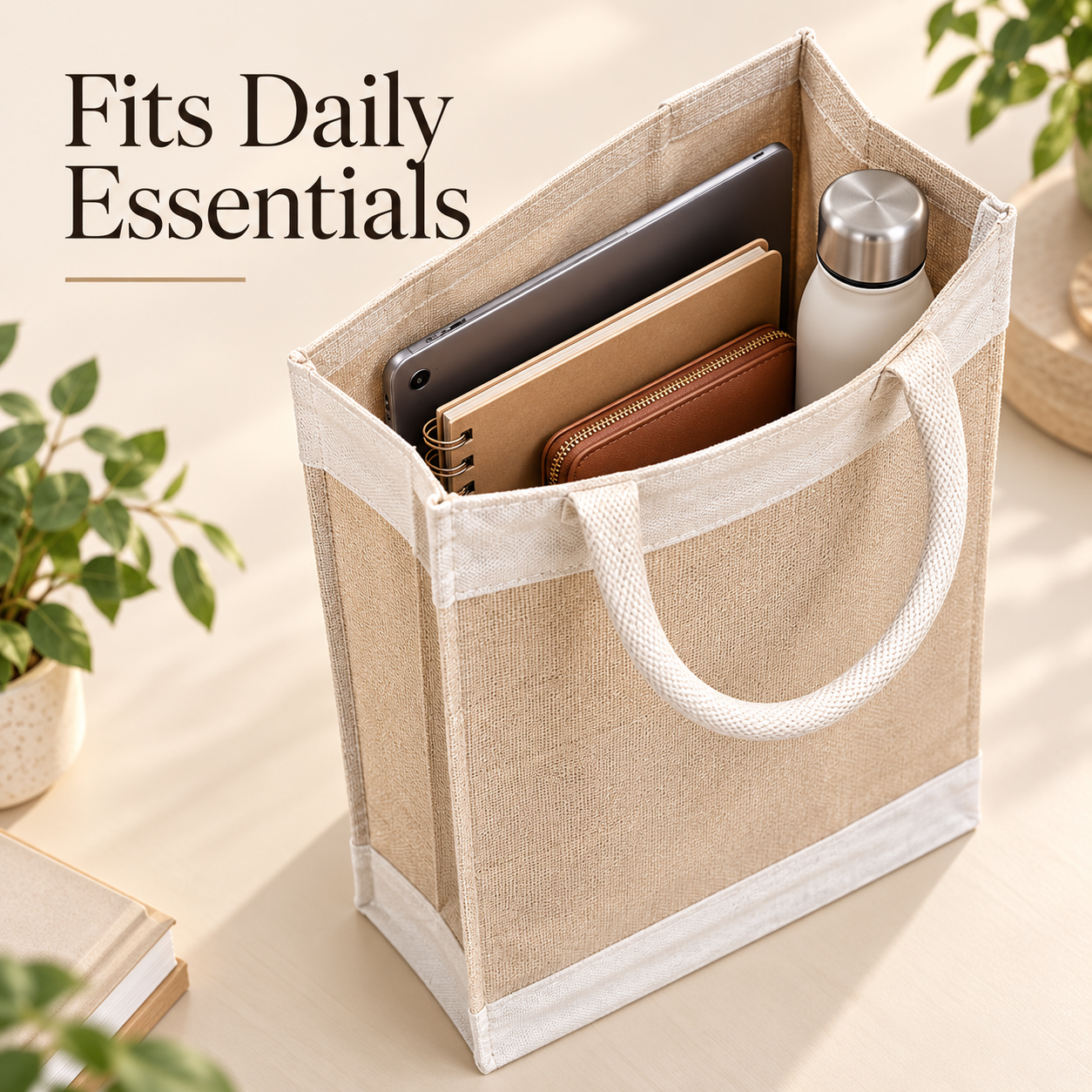 Plain 13x15.5x4.5 Natural Tall Juco & Canvas Tote Bag with Rope Handles