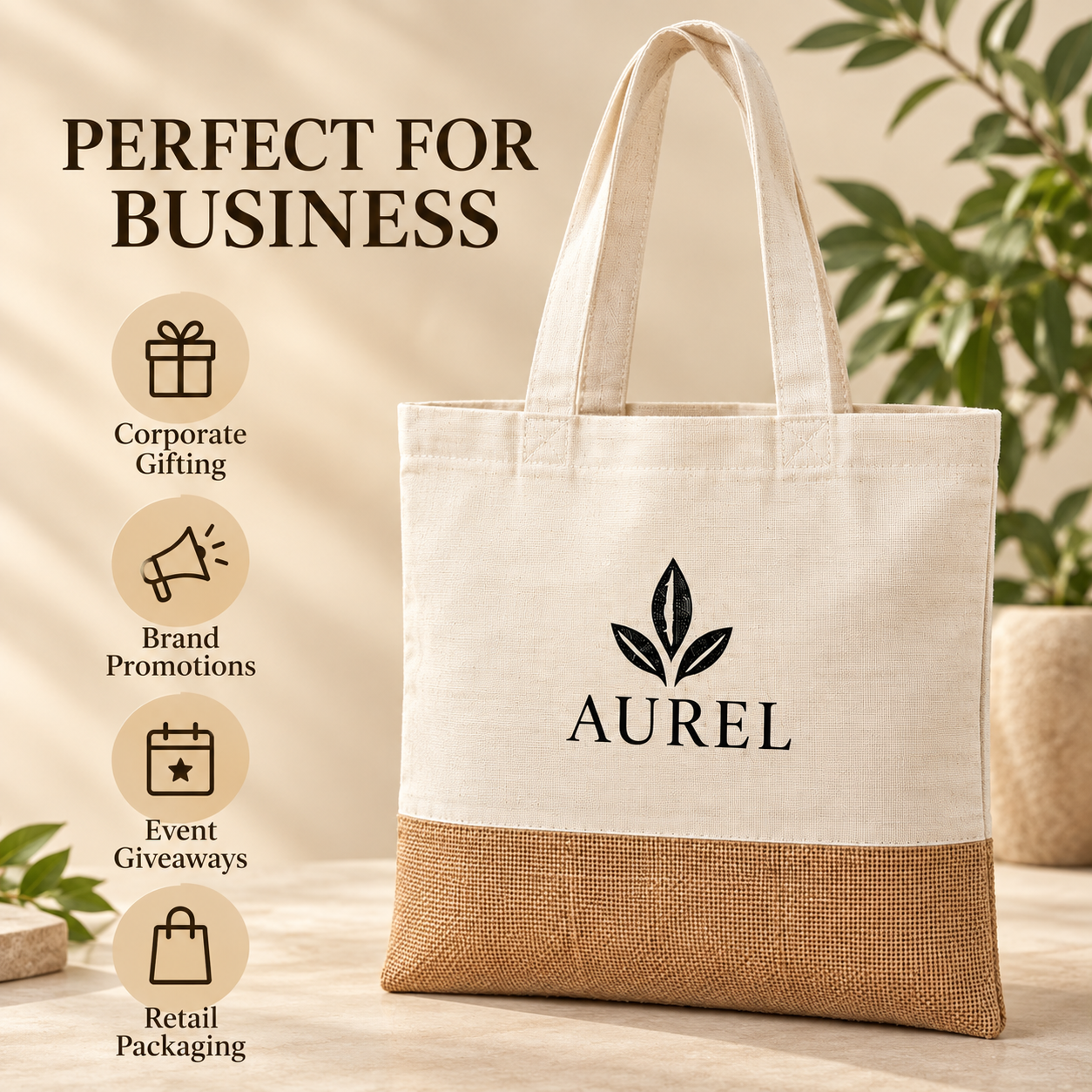 14.5x16.5 Natural Jute & Cotton Two-Tone Tote Bag