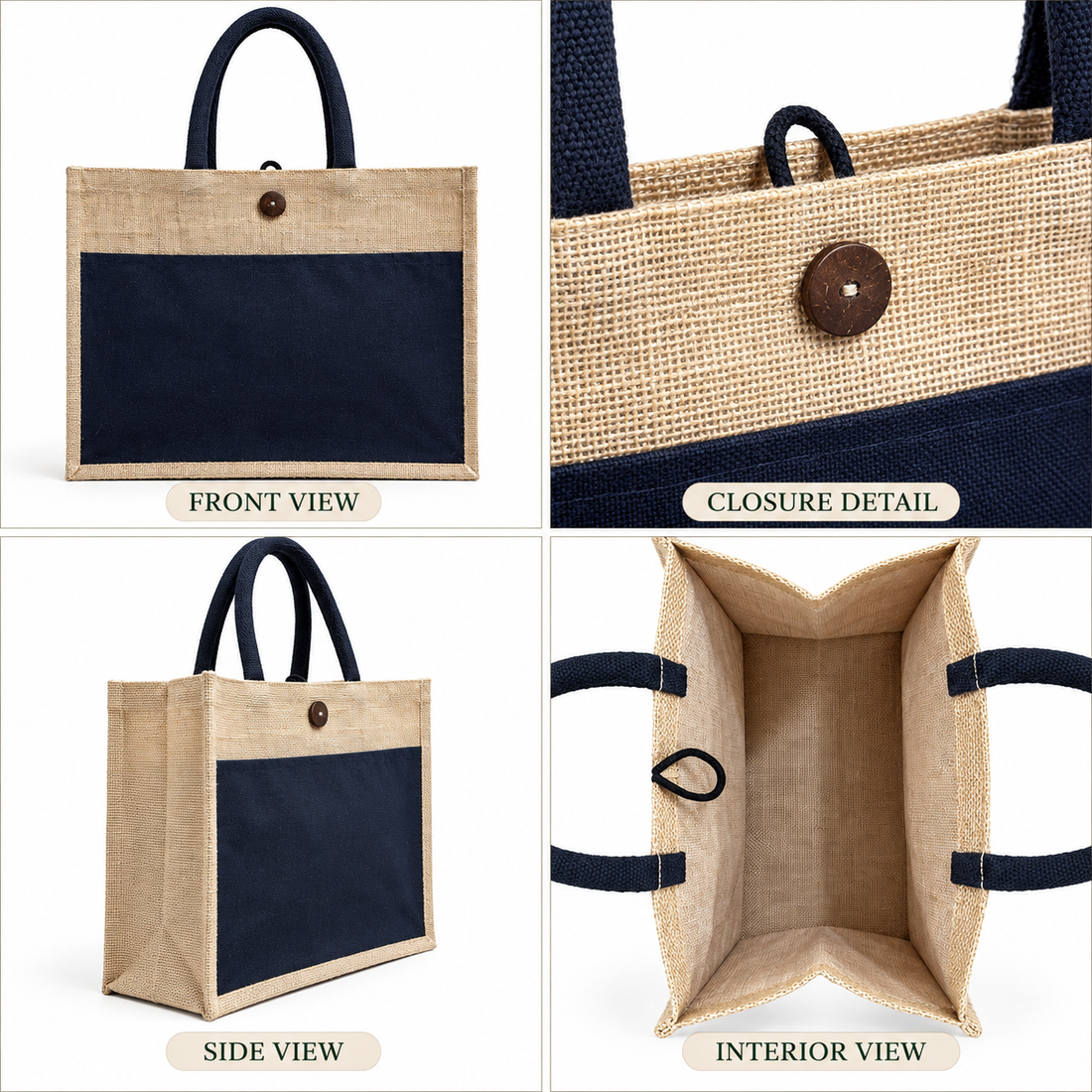 Plain 16x13x6 Black & Natural Laminated Jute Hamper Bag with Canvas Front Pocket
