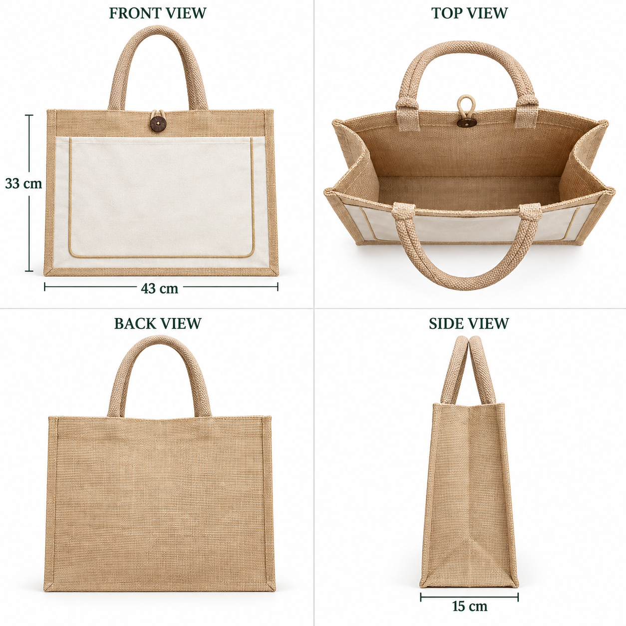 Plain 17x13x6 Ivory & Natural Jute Tote Bag with Piped Canvas Front Pocket