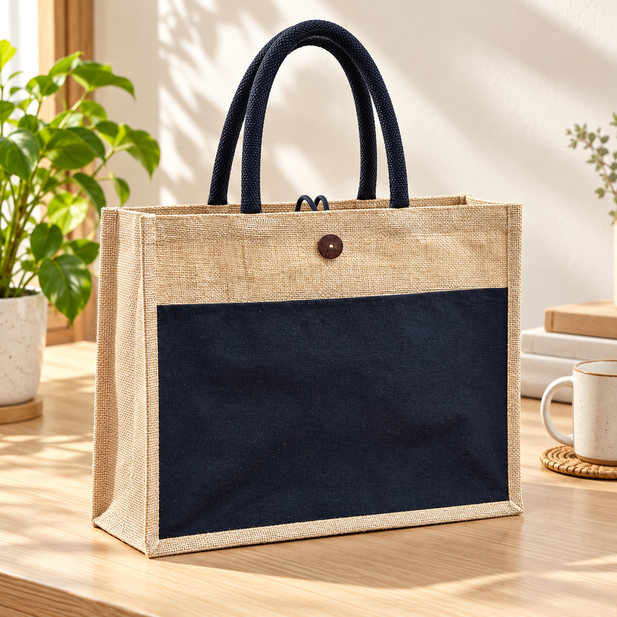 Plain 16x13x6 Black & Natural Laminated Jute Hamper Bag with Canvas Front Pocket