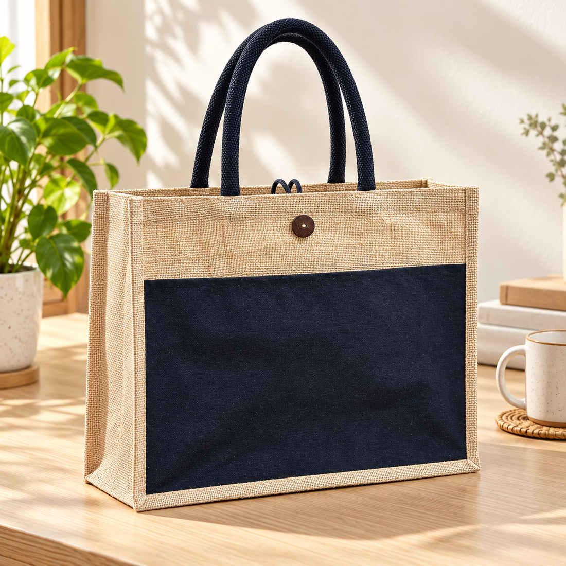 Plain 16x13x6 Black & Natural Laminated Jute Hamper Bag with Canvas Front Pocket