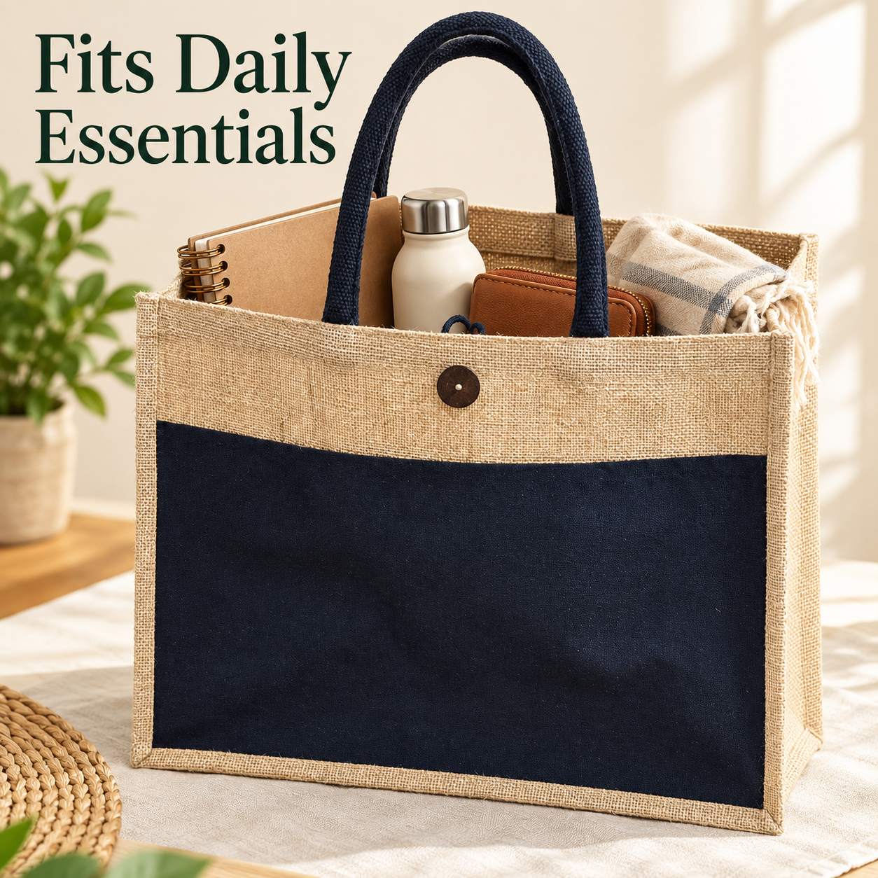 Plain 16x13x6 Black & Natural Laminated Jute Hamper Bag with Canvas Front Pocket