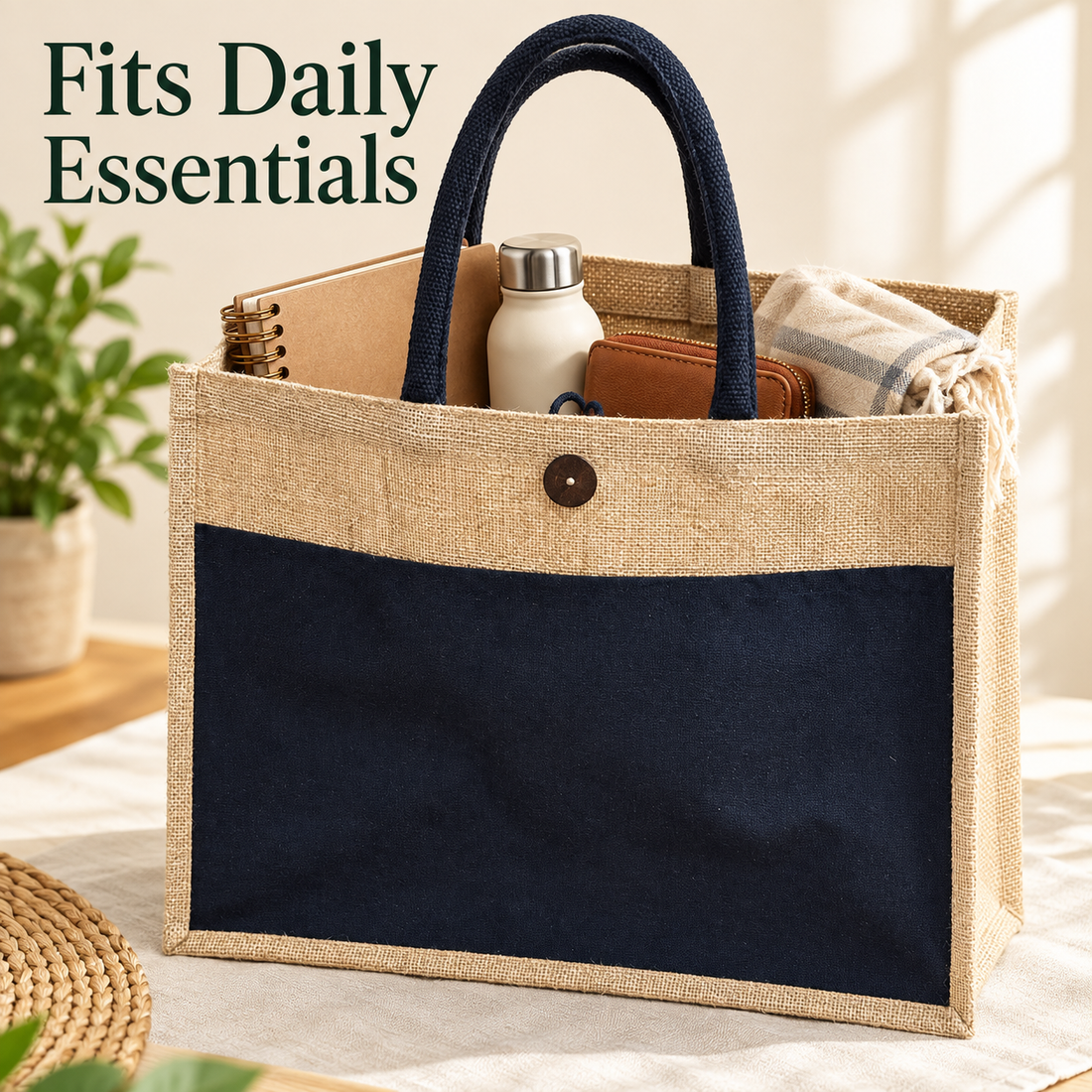 Plain 16x13x6 Black & Natural Laminated Jute Hamper Bag with Canvas Front Pocket