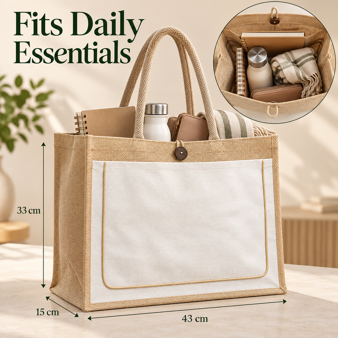 Plain 17x13x6 Ivory & Natural Jute Tote Bag with Piped Canvas Front Pocket