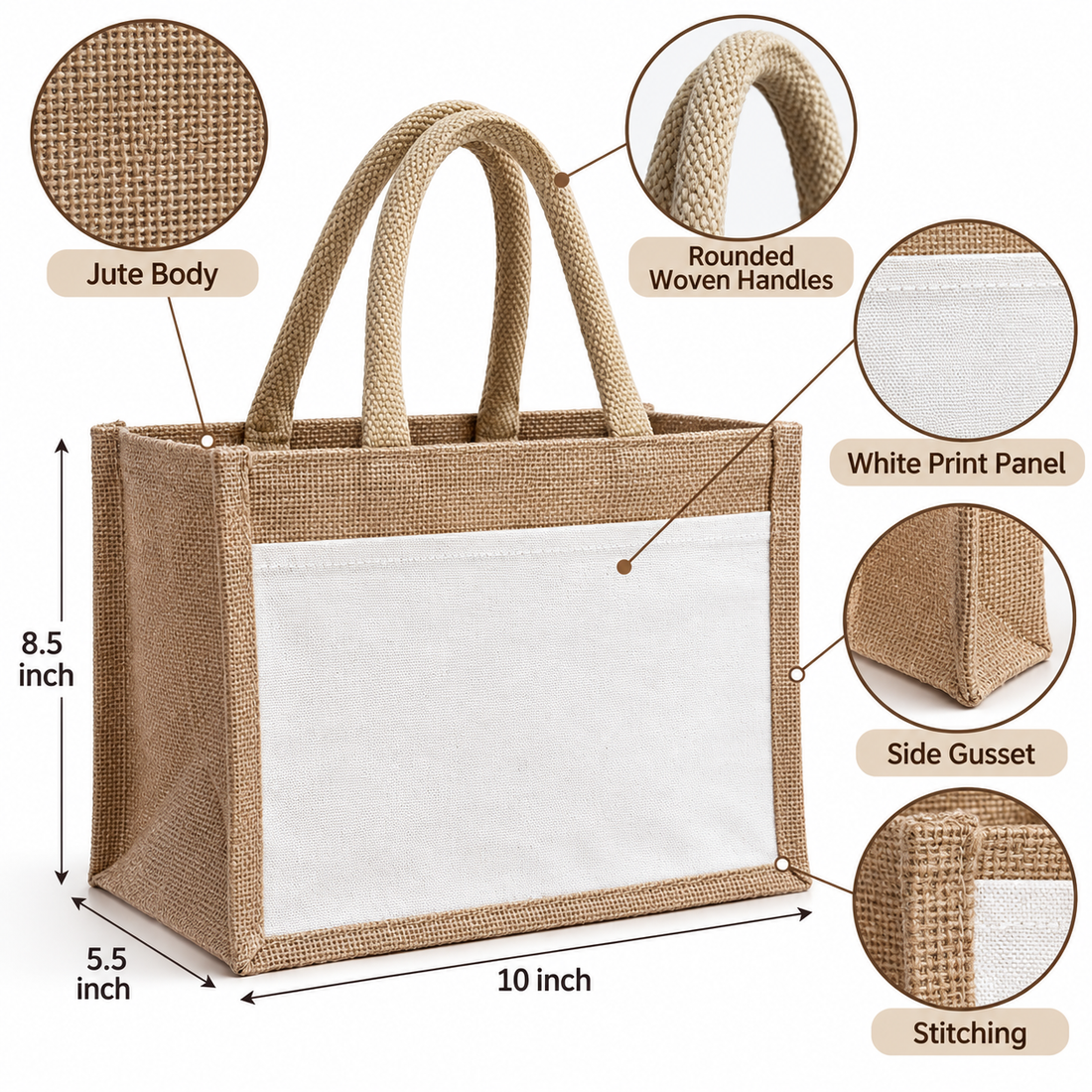 Plain 10x8.5x5.5 Natural Small Jute & Canvas Hamper Bag with Canvas Front Pocket