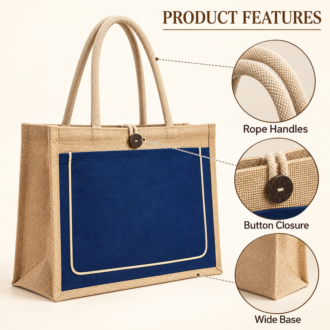 Plain 17x13x6 Royal Blue & Natural Jute Tote Bag with Piped Canvas Front Pocket