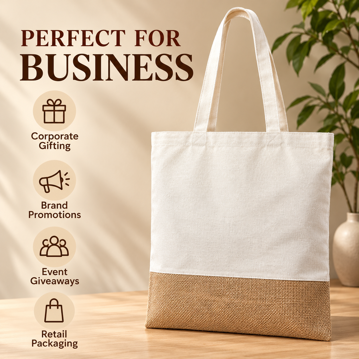 Plain 14.5x16.5 Natural Jute & Cotton Two-Tone Tote Bag