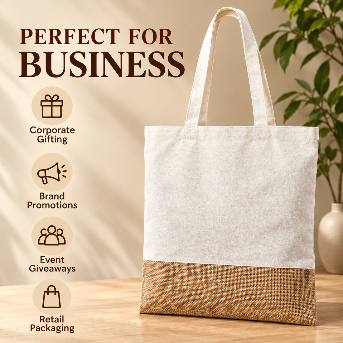 Plain 14.5x16.5 Natural Jute & Cotton Two-Tone Tote Bag