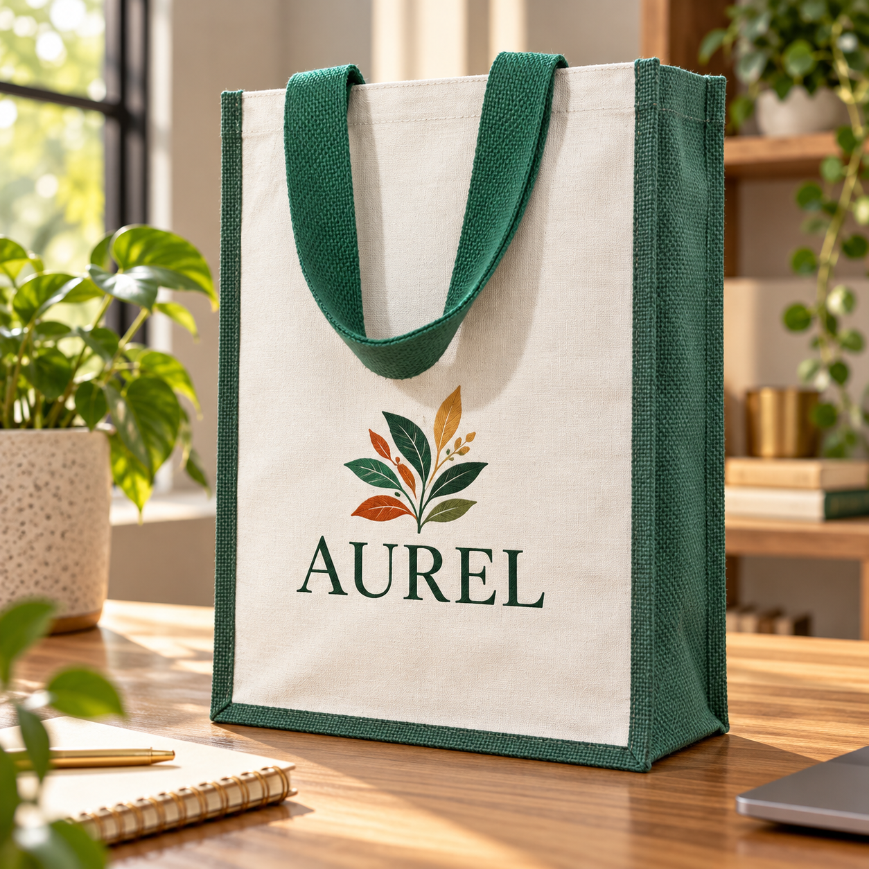 12x15.5x5.5 Green Laminated Jute & Canvas Tote Bag