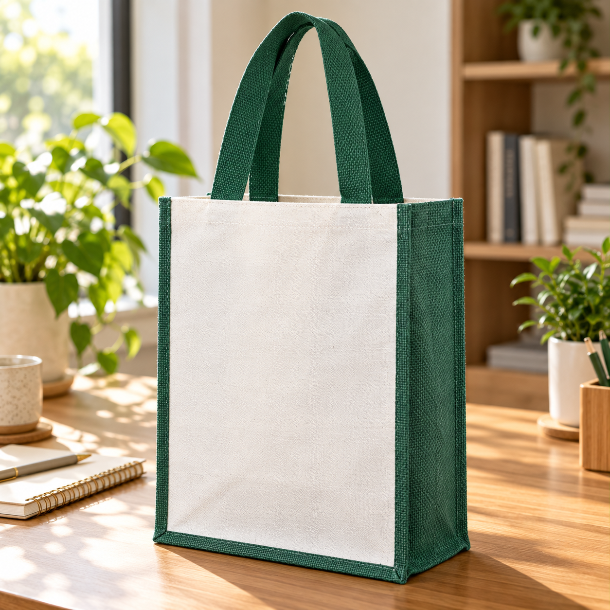 Plain 12x15.5x5.5 Green Laminated Jute & Canvas Tote Bag