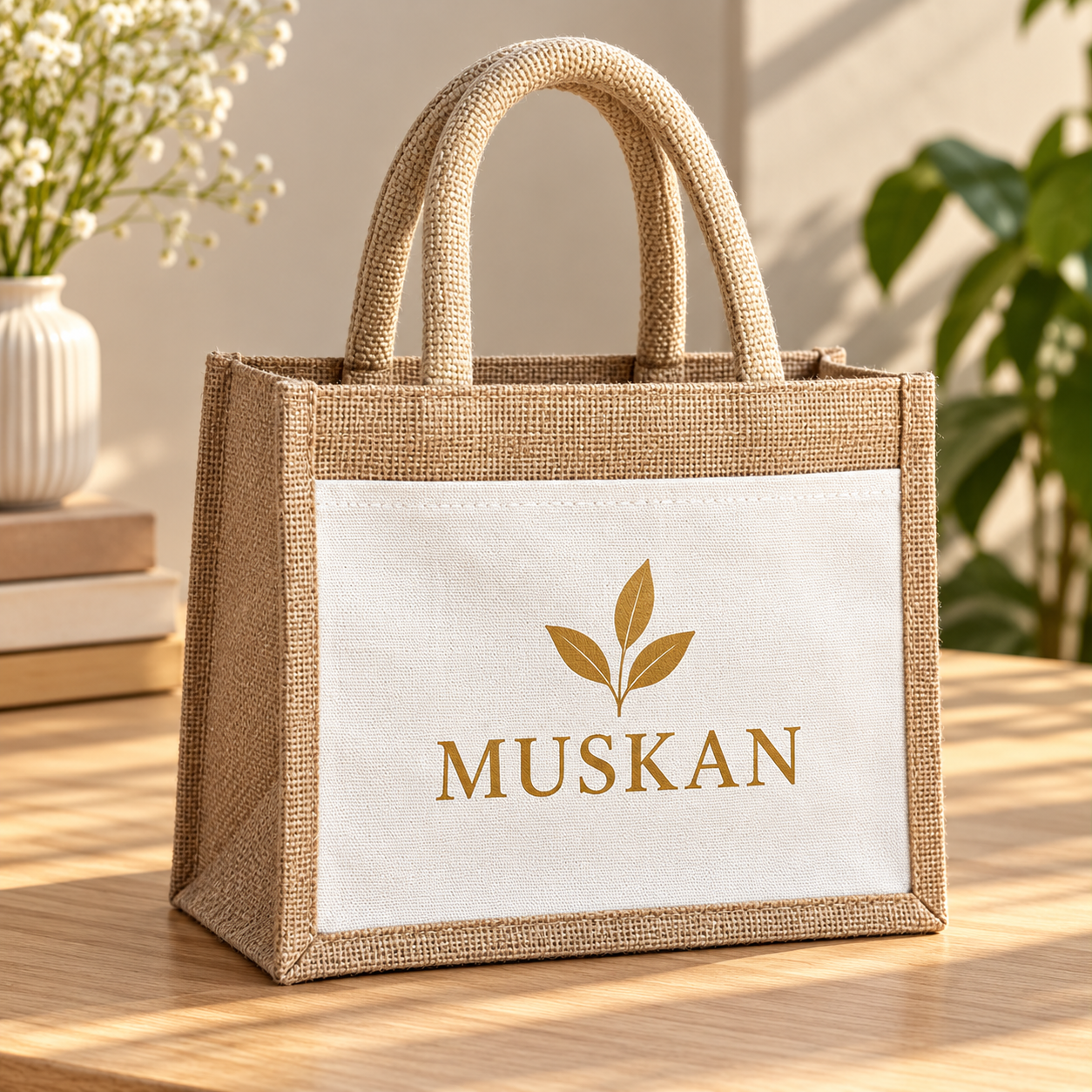 10x8.5x5.5 Natural Small Jute & Canvas Hamper Bag with Canvas Front Pocket