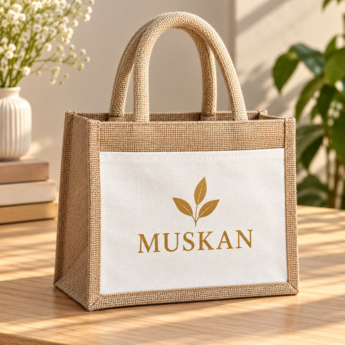 10x8.5x5.5 Natural Small Jute & Canvas Hamper Bag with Canvas Front Pocket