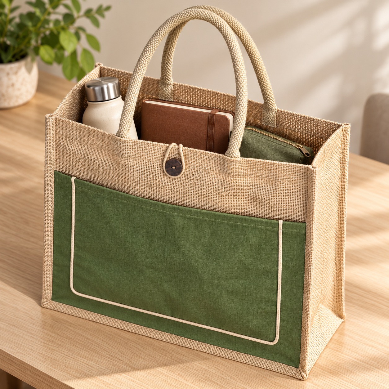 Plain 16x13x6 Olive & Natural Cotton-Jute Tote Bag with Front Pocket
