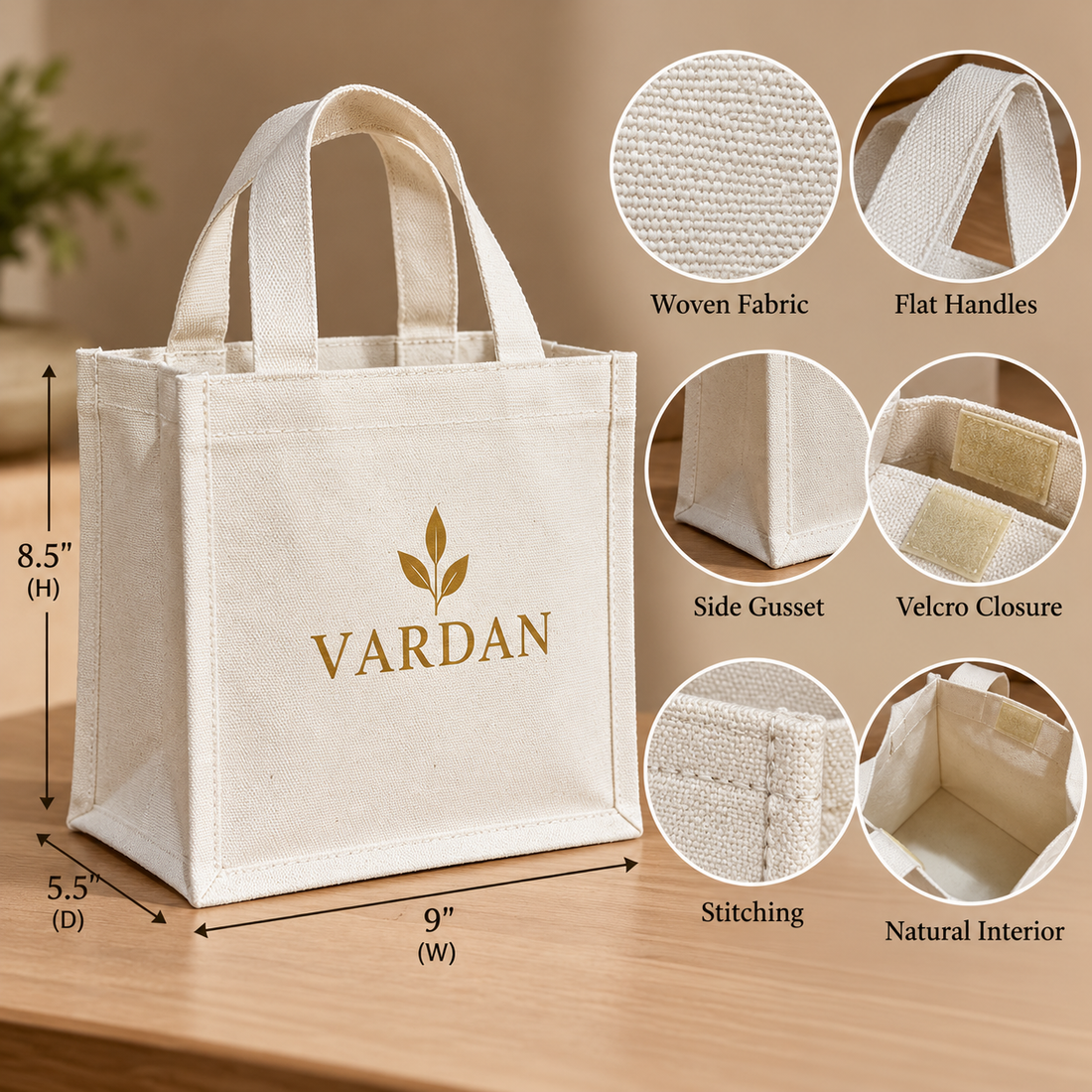 9x8.5x5.5 Natural Mini Cotton Canvas Box Tote | 220 GSM