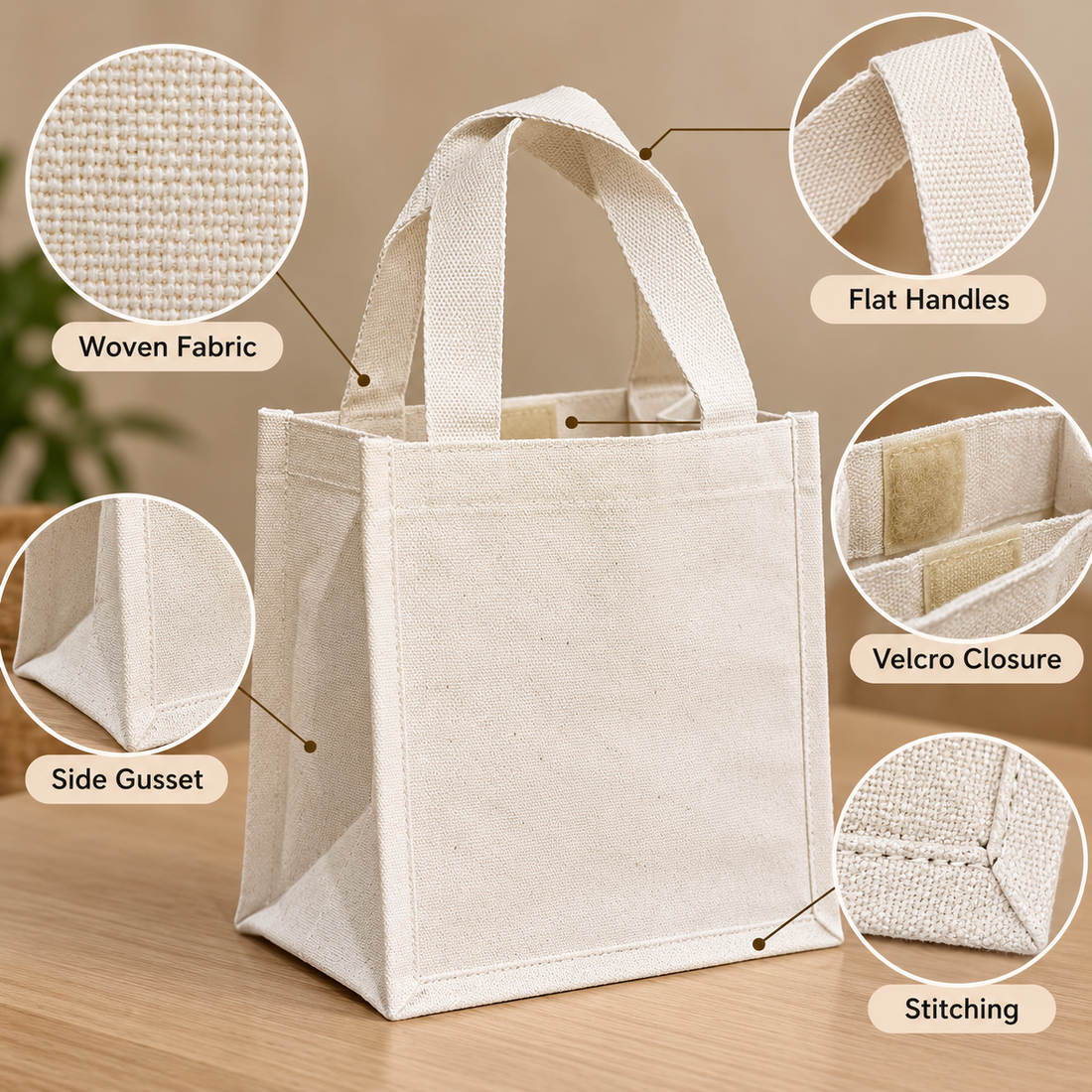 Plain 9x8.5x5.5 Natural Mini Cotton Canvas Box Tote | 220 GSM