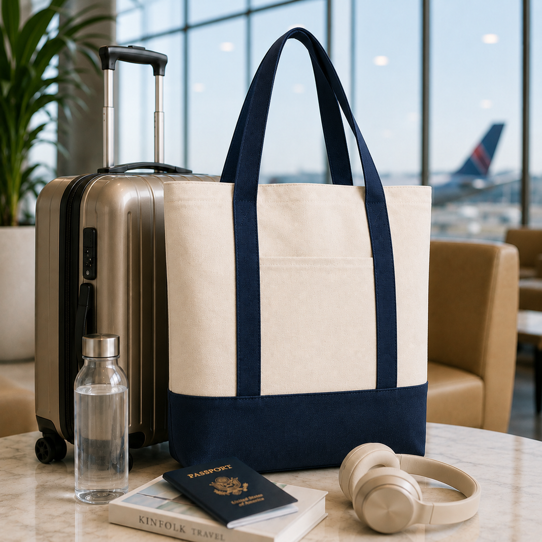 Navy Blue and Beige Large Canvas Tote Bag | 19" x 15" x 6"