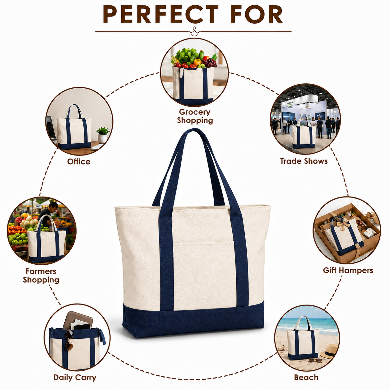 Navy Blue and Beige Large Canvas Tote Bag | 19" x 15" x 6"