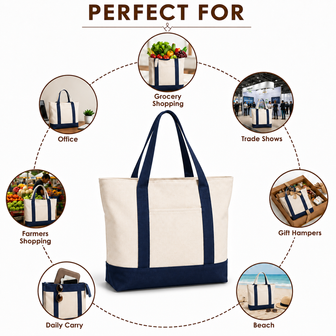 Navy Blue and Beige Large Canvas Tote Bag | 19" x 15" x 6"