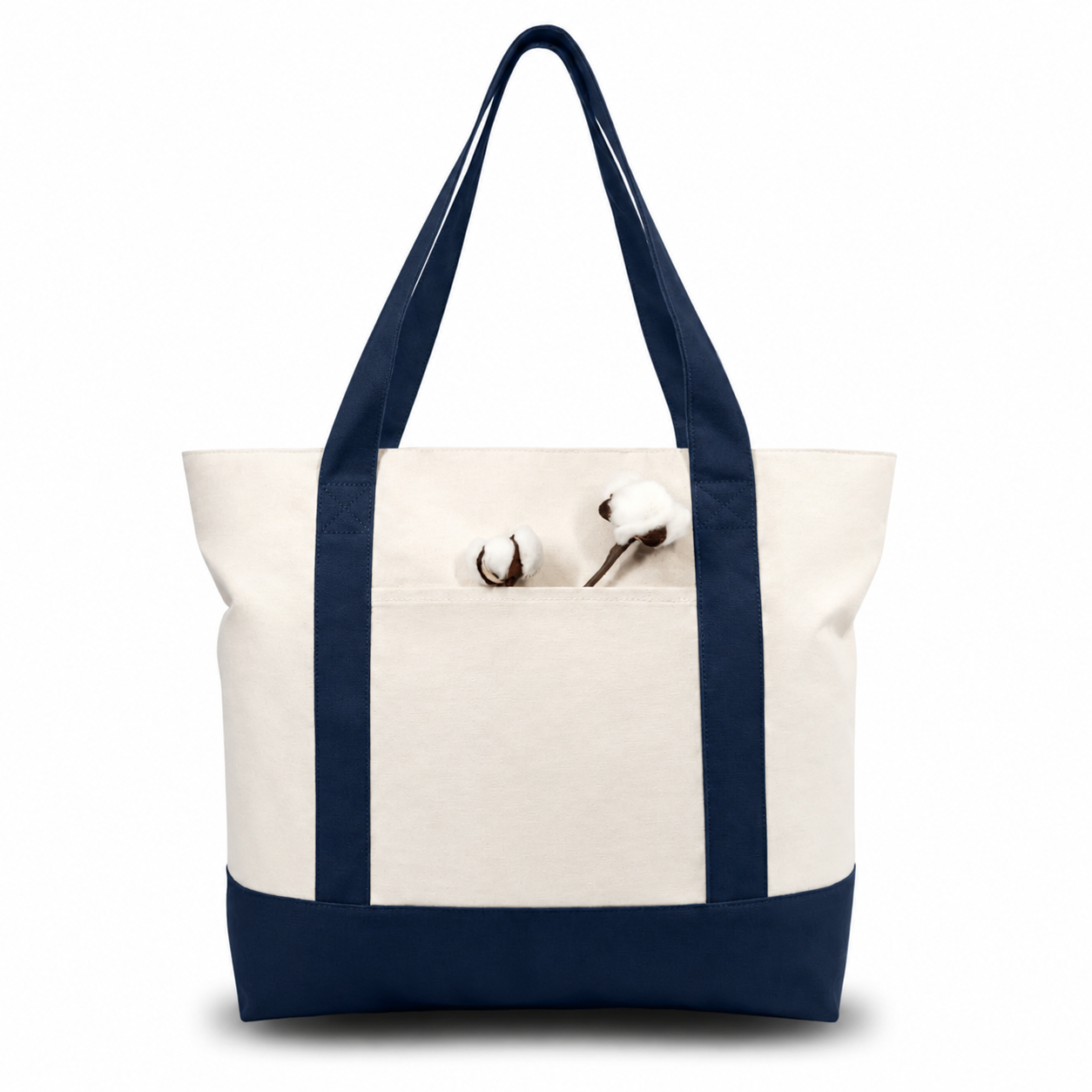 Navy Blue and Beige Large Canvas Tote Bag | 19" x 15" x 6"